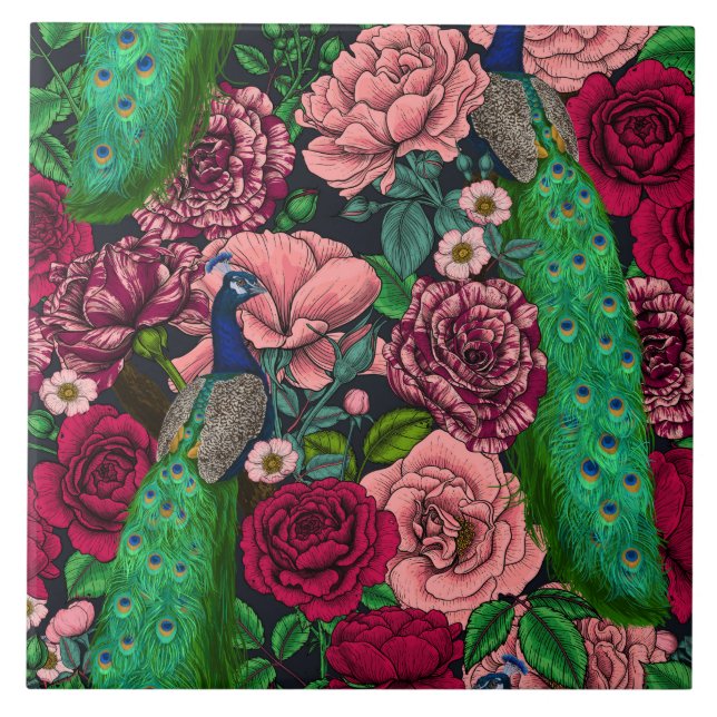 Peacocks in the rose garden 2 ceramic tile (Front)