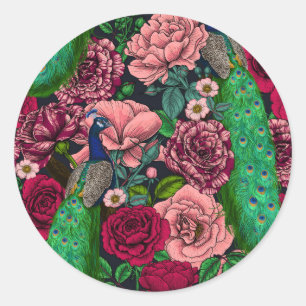 Peacocks in the rose garden 2 classic round sticker