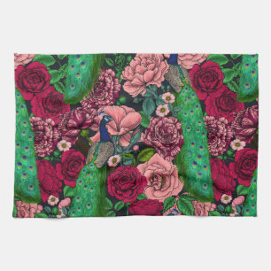 Peacocks in the rose garden 2 tea towel