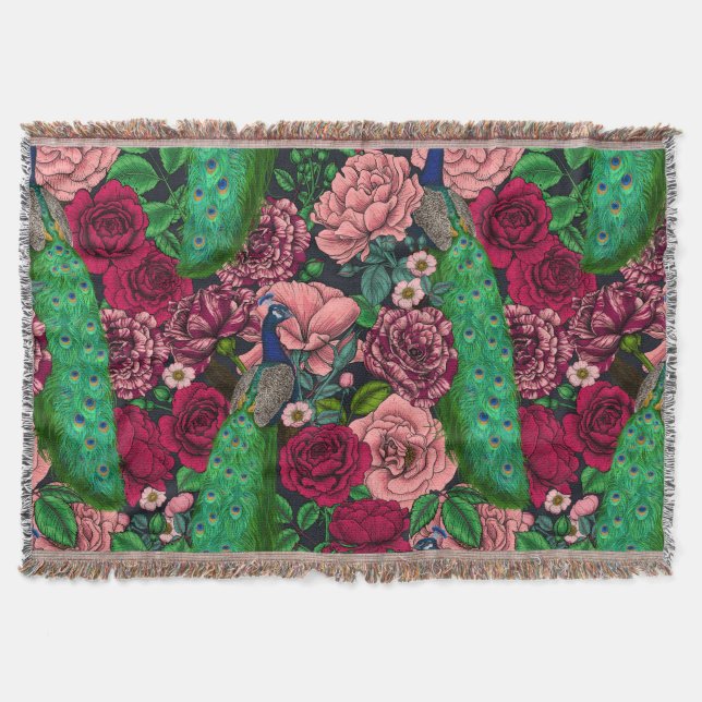 Peacocks in the rose garden 2 throw blanket (Front)