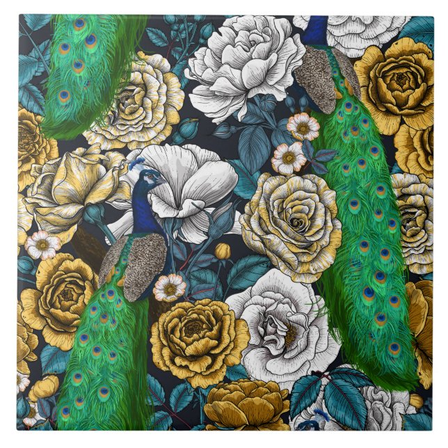 Peacocks in the rose garden 3 ceramic tile (Front)