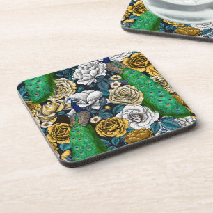Peacocks in the rose garden 3 coaster
