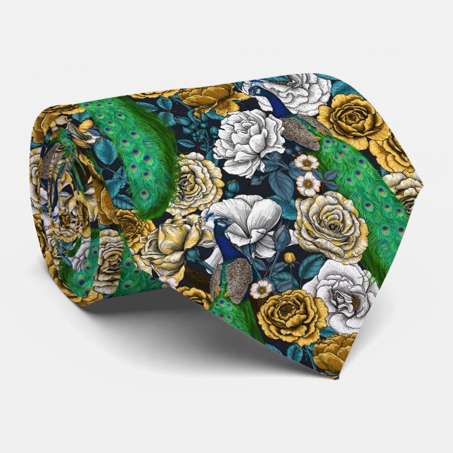 Peacocks in the rose garden 3 tie (Rolled)