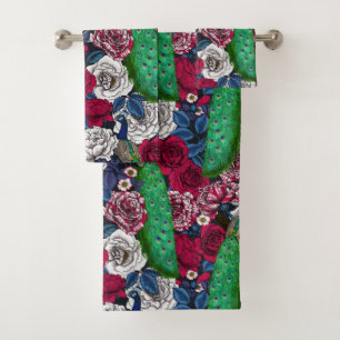 Peacocks in the rose garden bath towel set