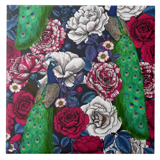 Peacocks in the rose garden ceramic tile (Front)
