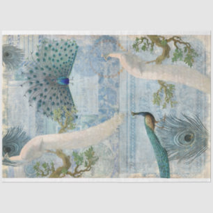 Peacocks n Feathers White Blue Craft Decoupage Tissue Paper