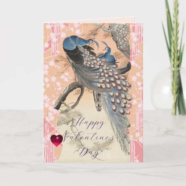 PEACOCKS,PINK SAKURA FLOWERS Floral Valentine Day Holiday Card (Front)