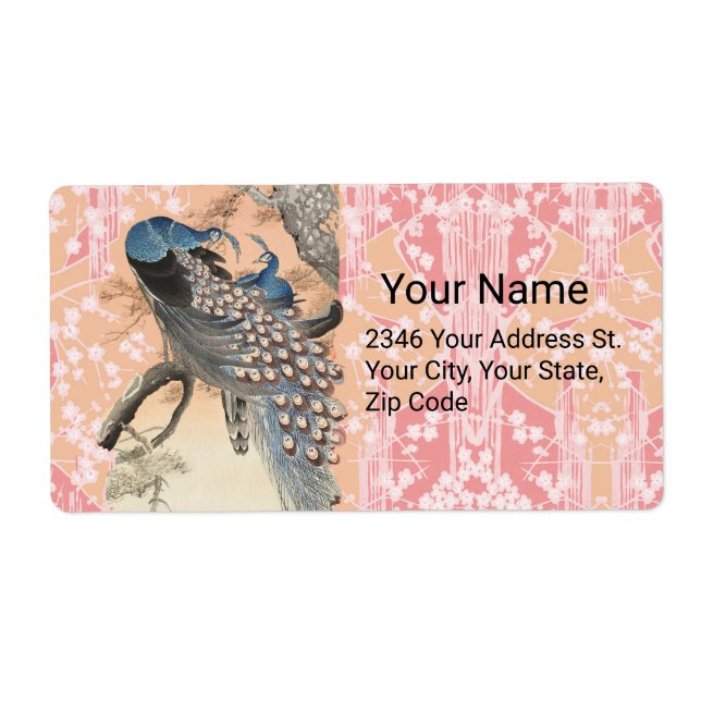 PEACOCKS,PINK WHITE SAKURA FLOWERS Japanese Floral (Front)