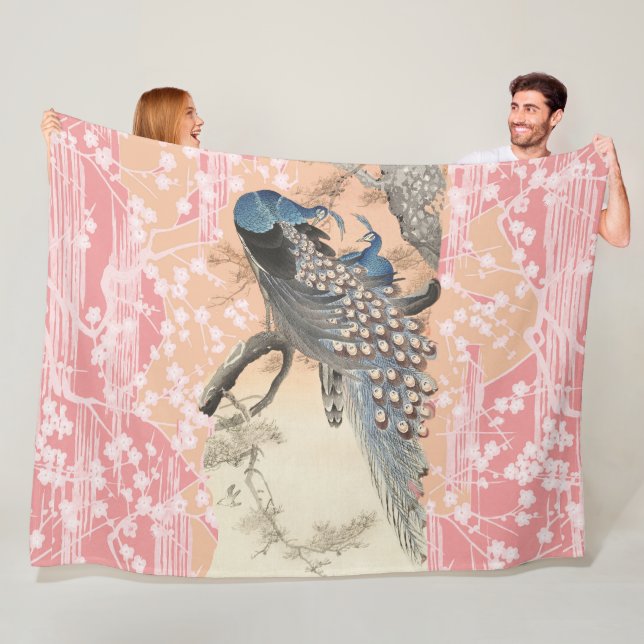 PEACOCKS,PINK WHITE SAKURA FLOWERS Japanese Floral Fleece Blanket (In Situ)
