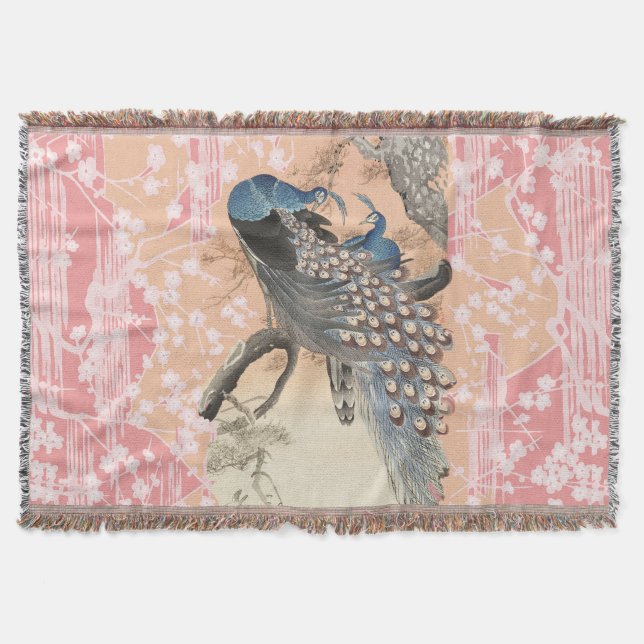 PEACOCKS,PINK WHITE SAKURA FLOWERS Japanese Floral Throw Blanket (Front)