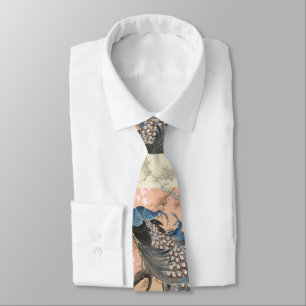 PEACOCKS,PINK WHITE SAKURA FLOWERS Japanese Floral Tie