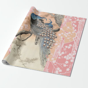 PEACOCKS,PINK WHITE SAKURA FLOWERS Japanese Floral Wrapping Paper