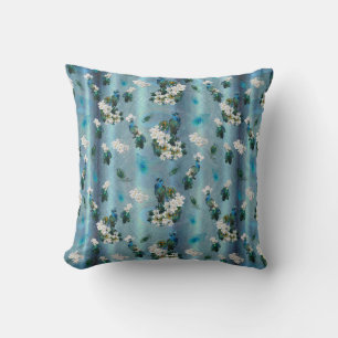 Peacocks - White Flowers Emerald Green Silk Cushion