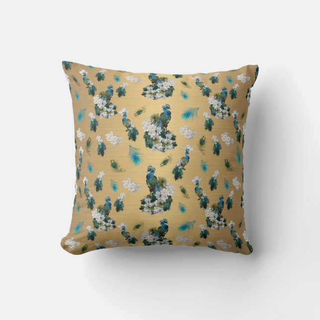 Peacocks - White Flowers on gold fabric Cushion (Front)