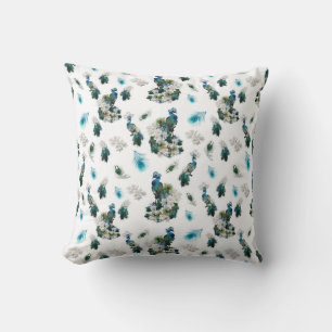Peacocks - White Flowers on white fabric Cushion