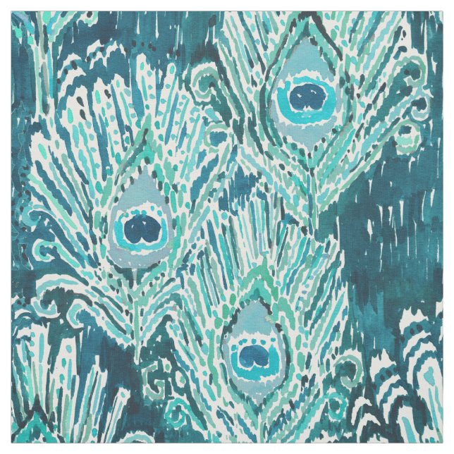 Peacocky Feather Teal Watercolor Fabric (Swatch)