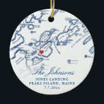 Peaks Island Maine Map Newlywed Photo Christmas Ceramic Ornament<br><div class="desc">Commemorate your Peaks Island wedding with our personalised wedding keepsake Christmas ornament, featuring an elegant map of Casco Bay on the front and your wedding photo on the back. Perfect for couples married at The Inn on Peaks Island or Jones Landing, this ornament captures the essence of your special day....</div>