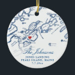 Peaks Island Maine Map Newlywed Photo Christmas Ceramic Ornament<br><div class="desc">Commemorate your Peaks Island wedding with our personalised wedding keepsake Christmas ornament, featuring an elegant map of Casco Bay on the front and your wedding photo on the back. Perfect for couples married at The Inn on Peaks Island or Jones Landing, this ornament captures the essence of your special day....</div>