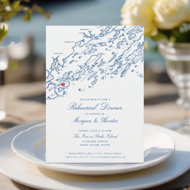 Peaks Island Maine Navy Blue Wedding Rehearsal Invitation (Peaks Island Maine Wedding Rehearsal Dinner Invitation for an elegant navy blue Casco Bay Wedding)