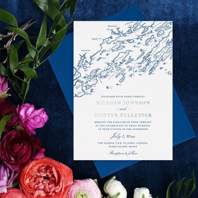  Peaks Island Maine Wedding Elegant Navy Silver (Silver and Navy Inn on Peaks Island Wedding Invitation with real silver foil by Coastal Map Designs)
