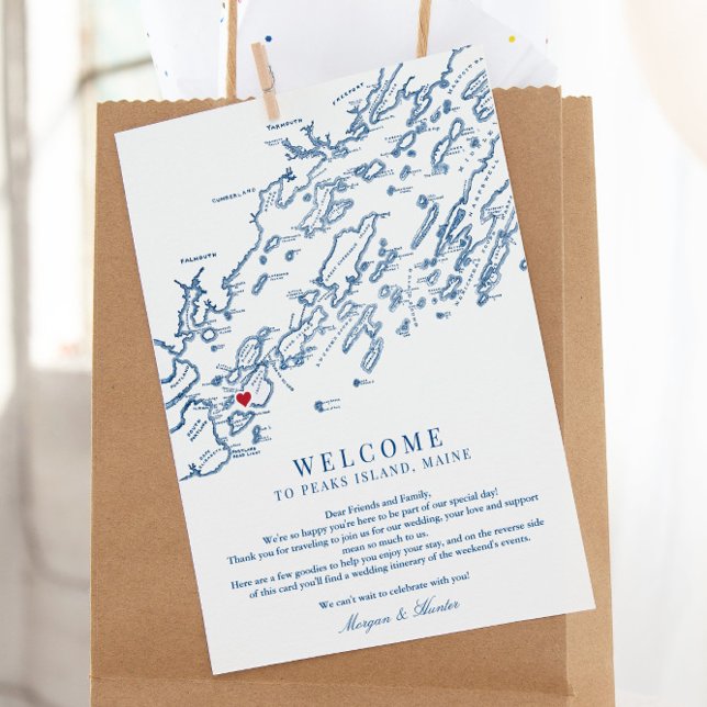 Peaks Island Maine Wedding Welcome Itinerary Thank You Card (These Peaks Island Maine wedding welcome letters include your wedding itinerary on the back)