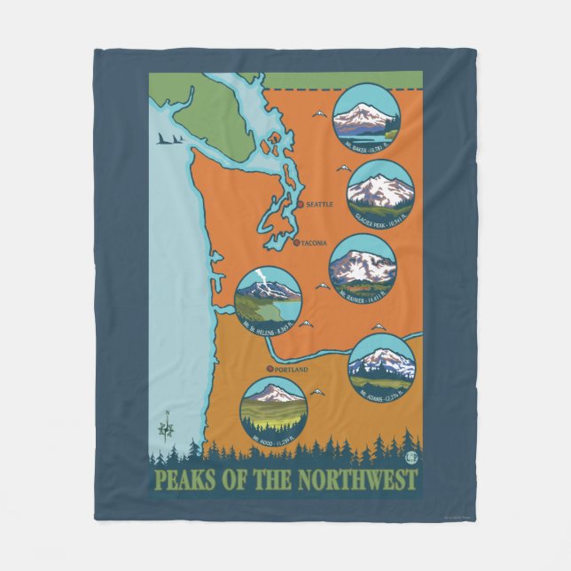 Peaks of the Northwest - 5 Different Mountains Fleece Blanket (Front)