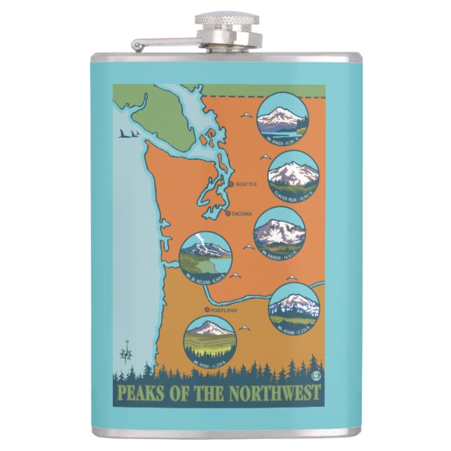 Peaks of the Northwest - 5 Different Mountains Hip Flask (Front)