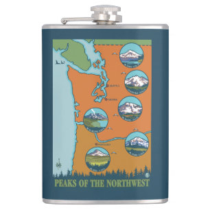 Peaks of the Northwest - 5 Different Mountains Hip Flask