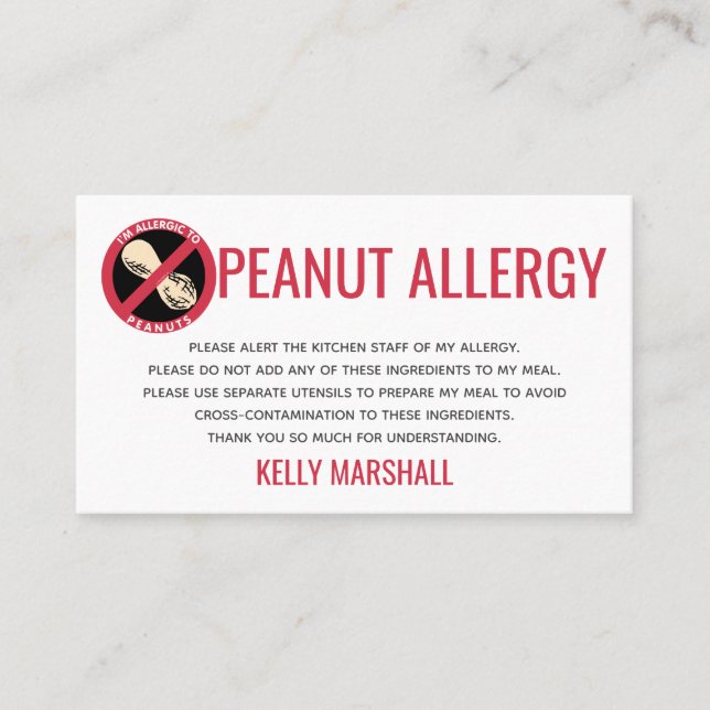 Peanut Allergy Alert Restaurant Card (Front)