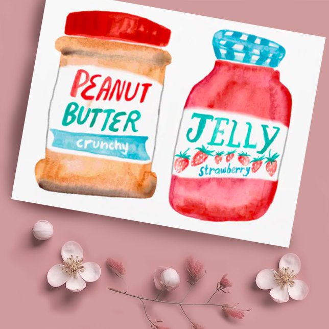 Peanut Butter and Jelly Watercolor Postcard (Cute watercolor peanut butter and jelly jars. Add your own text to this postcard!)
