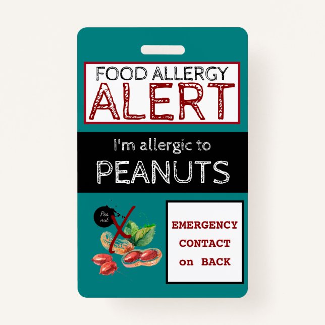 Peanut Food Allergy Alert Teal Label ID Badge (Front)