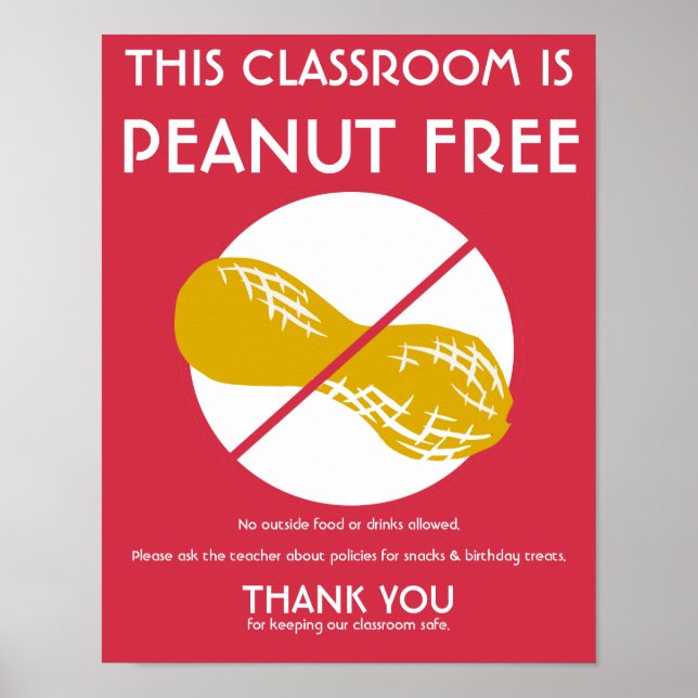 Peanut Free Classroom Sign for School or Daycare (Front)