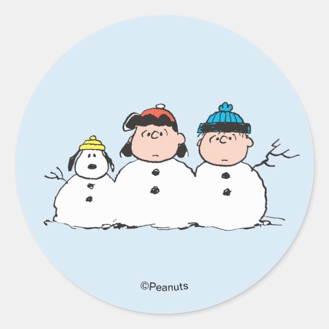 Peanuts | 3 Person Snowman Classic Round Sticker (Front)