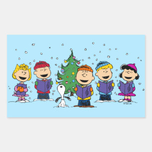 Peanuts   Around the Christmas Tree Rectangular Sticker