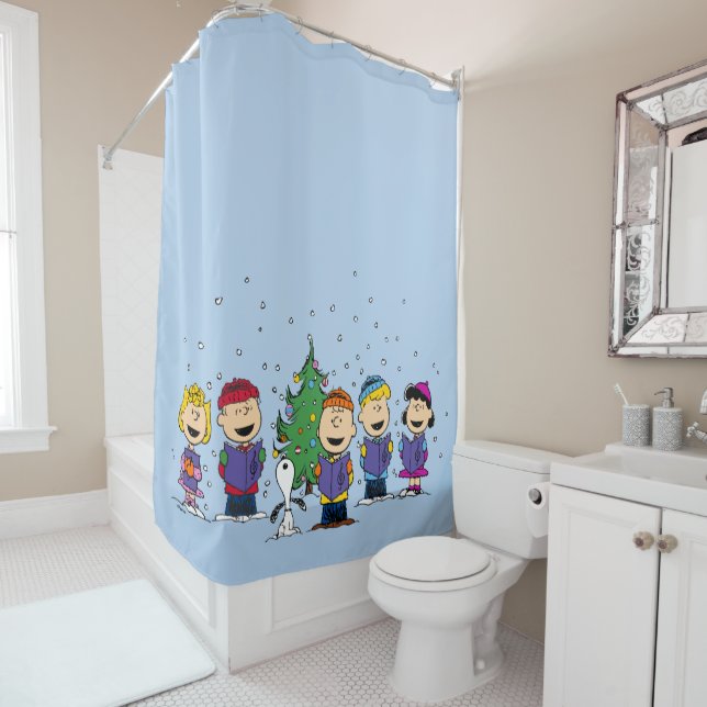 Peanuts | Around the Christmas Tree Shower Curtain (In Situ)