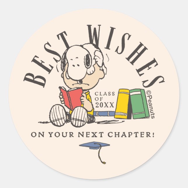 Peanuts Best Wishes Graduation Snoopy Reading Classic Round Sticker (Front)