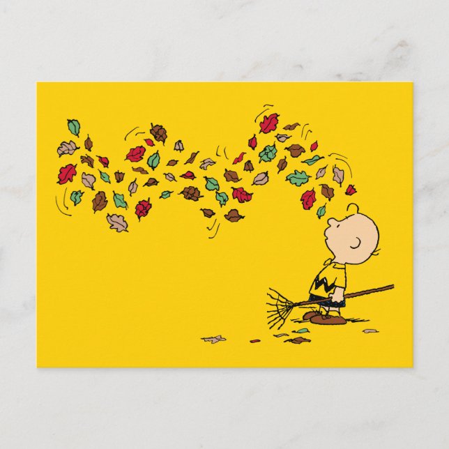 Peanuts | Charlie Brown Raking Leaves Postcard (Front)