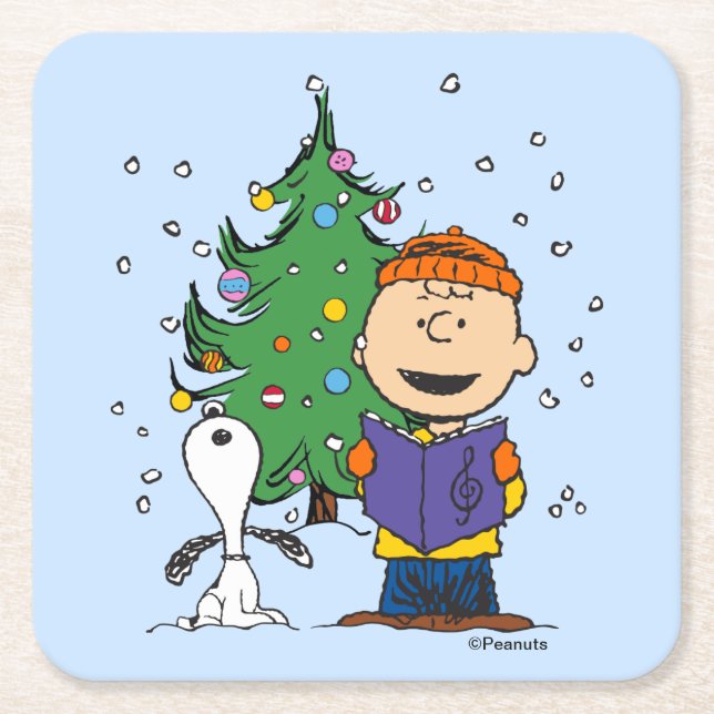 Peanuts | Christmas Caroling Square Paper Coaster (Front)
