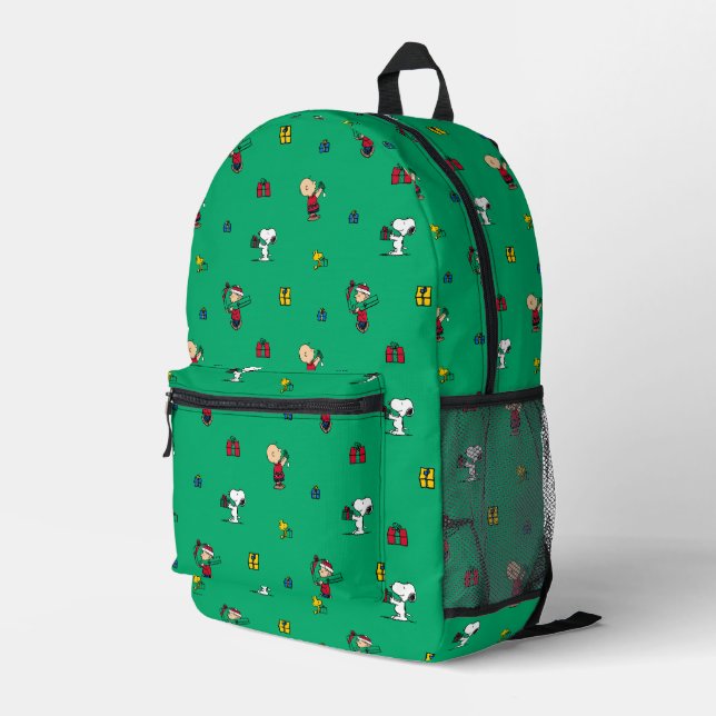 Peanuts | Christmas Gift Giving Pattern Printed Backpack (Back Corner Right)