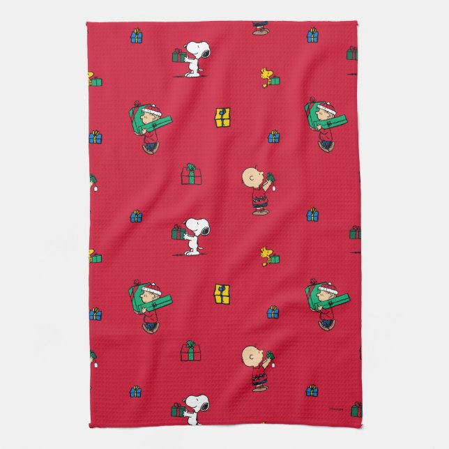 Peanuts | Christmas Gift Giving Red Tea Towel (Vertical)
