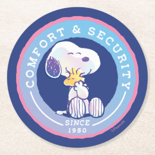 Peanuts   Comfort & Security Badge Blue Round Paper Coaster