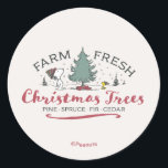 Peanuts | Farm Fresh Christmas Trees Classic Round Sticker<br><div class="desc">Check out this Peanuts holiday design featuring Snoopy and Woodstock.</div>