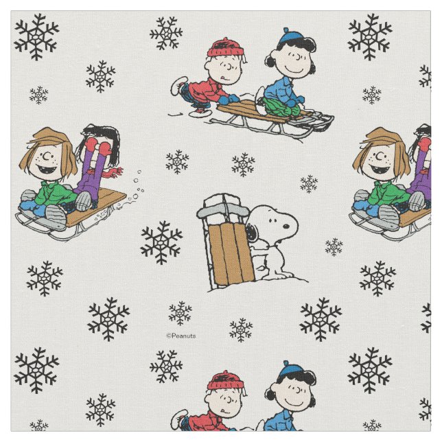 Peanuts Gang Sledding and Snowflakes Fabric (Close Up)