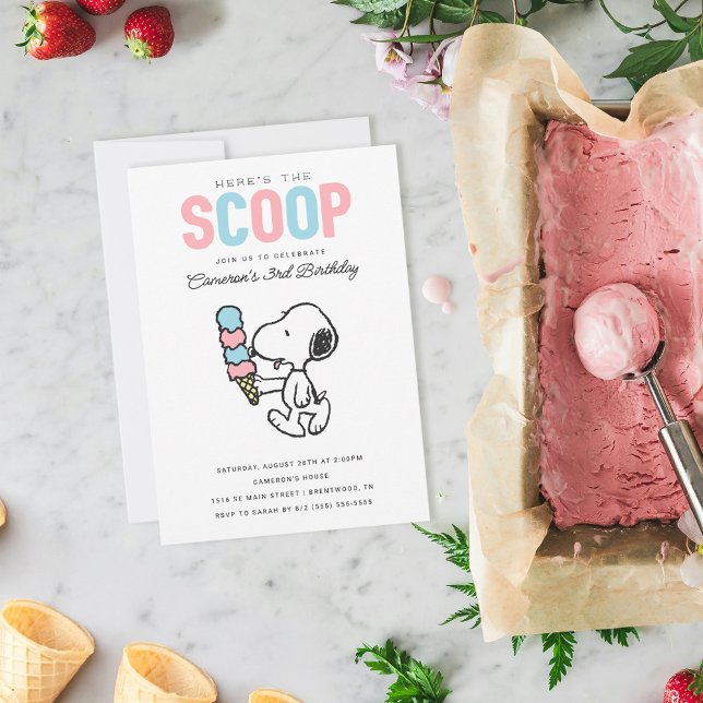Peanuts | Here's the Scoop - Ice Cream Birthday Invitation (Invite on table)