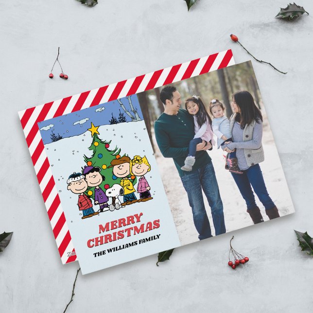 Peanuts Merry Christmas | Add Your Photo & Name Holiday Card (Card on table)