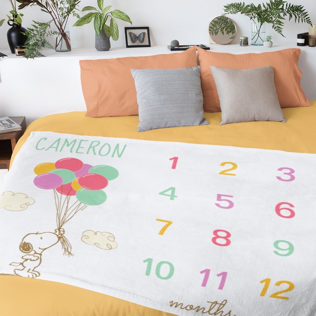 Peanuts | Monthly Milestone Baby Fleece Blanket (Blanket on bed)