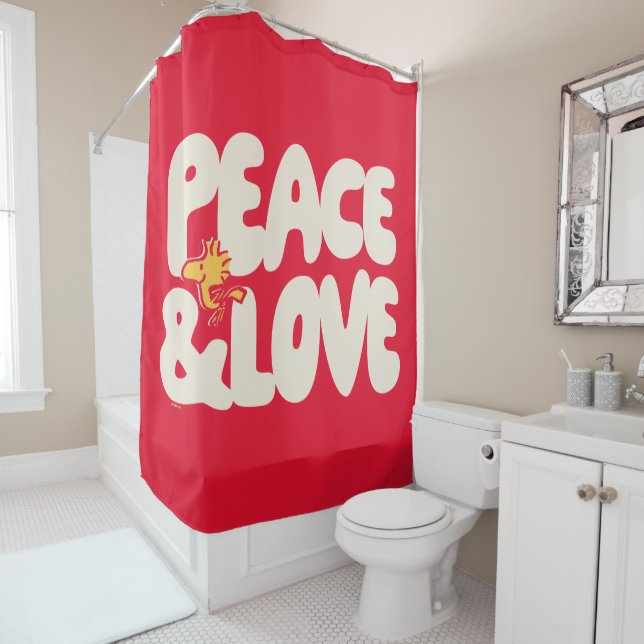 Peanuts | Peace & Love Woodstock Shower Curtain (In Situ)