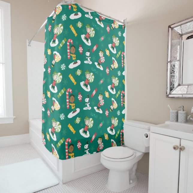 Peanuts Peppermint Dreams Holiday Pattern Shower Curtain (In Situ)