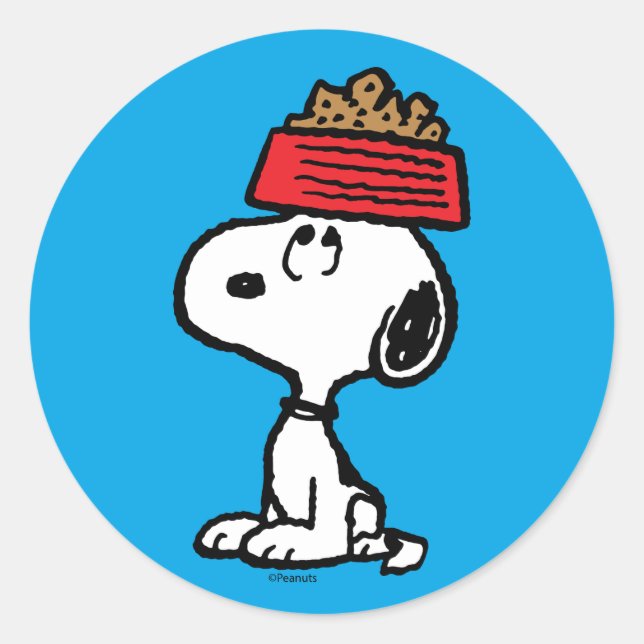 Peanuts | Snoopy Balancing His Dog Dish Classic Round Sticker (Front)