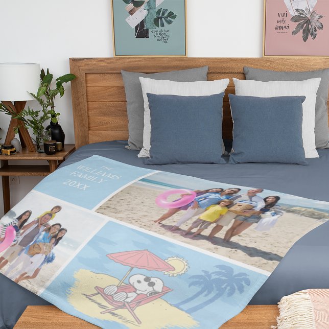 Peanuts | Snoopy Beach Chair | Add Name & Photos Fleece Blanket (Blanket on bed)